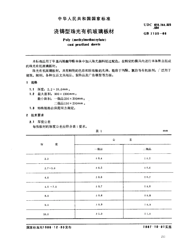 GB 7135-1986 浇铸型珠光有机玻璃板材