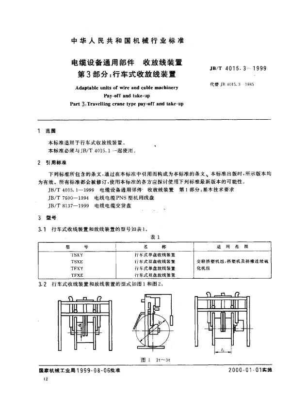 JBT 4015.3-1999 电缆设备通用部件.收放线装置.第3部分：行车式收放线装置