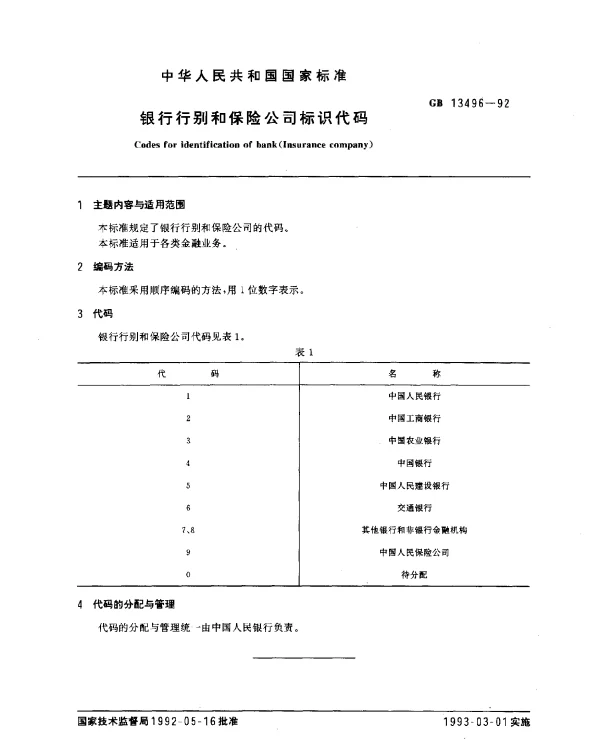 GB 13496-1992 银行行别和保险公司标识代码