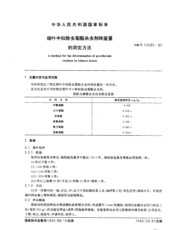 GBT 13595-1992 烟叶中拟除虫菊酯杀虫剂残留量的测定方法