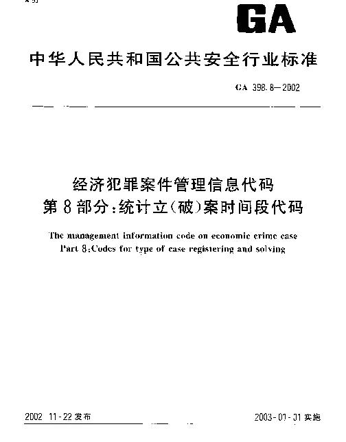 GA 398.8-2002 经济犯罪案件信息管理代码 第8部分：统计立(破)案时间段代码