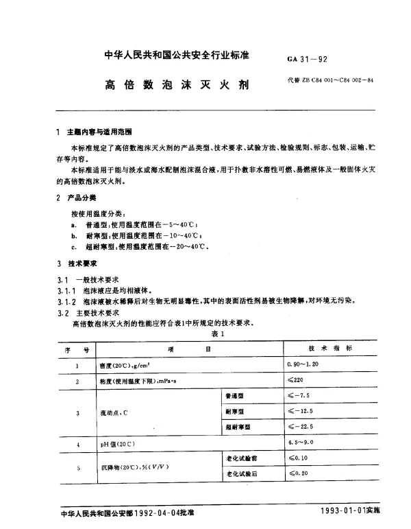GA 31-1992 高倍数泡沫灭火剂