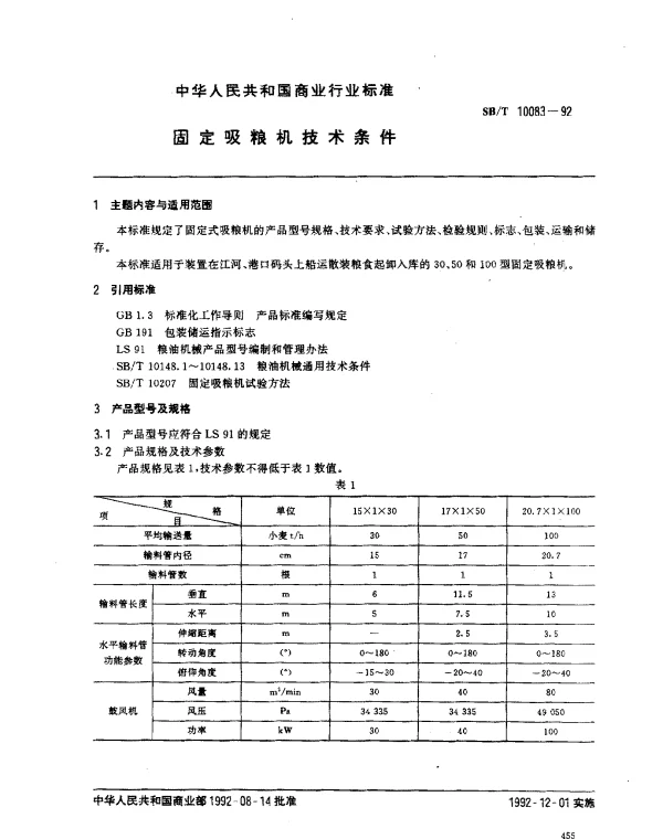 SBT 10083-1992 固定吸粮机技术条件