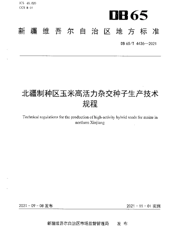 DB65T 4436-2021 北疆制种区玉米高活力杂交种子生产技术规程