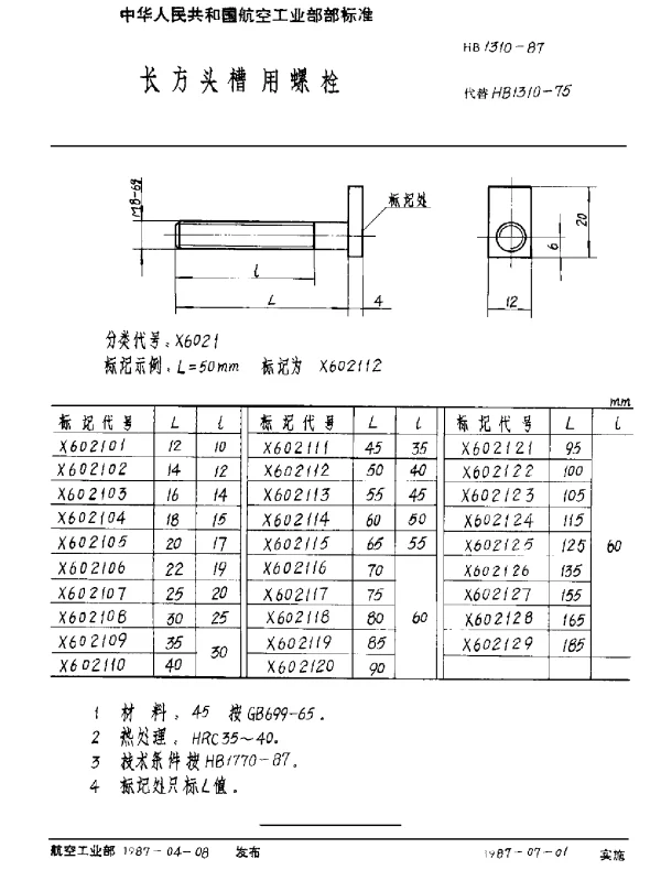 HB 1310-1987 长方头槽用螺栓