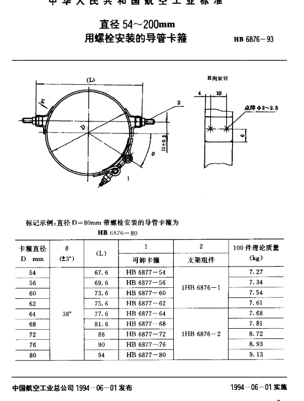 HB 6876-1993 直径54￣200mm用螺栓安装的导管卡箍