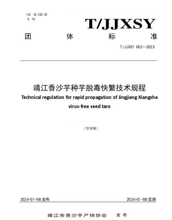 TJJXSY 002-2023 靖江香沙芋种芋脱毒快繁技术规程