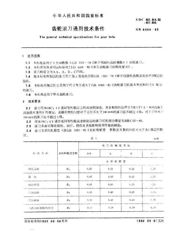 GB 6084-1985 齿轮滚刀通用技术条件