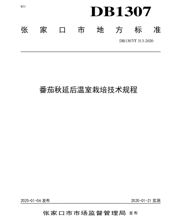 DB1307T 313-2020 番茄秋延后温室栽培技术规程