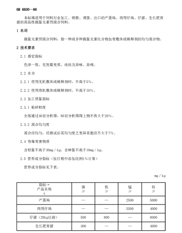 GB 8830-1988 产蛋鸡、肉用仔鸡、仔猪生长肥育猪微量素预混合饲料