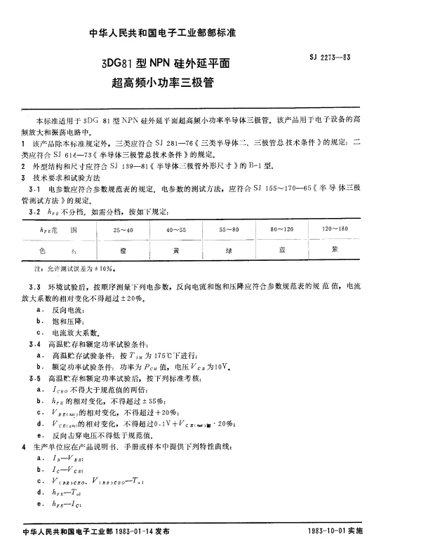 SJ 2273-1983 3DG81型NPN硅外延平面超高频小功率三极管