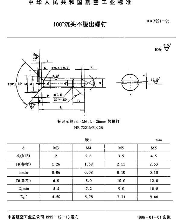 HB 7221-1995 100°沉头不脱出螺钉