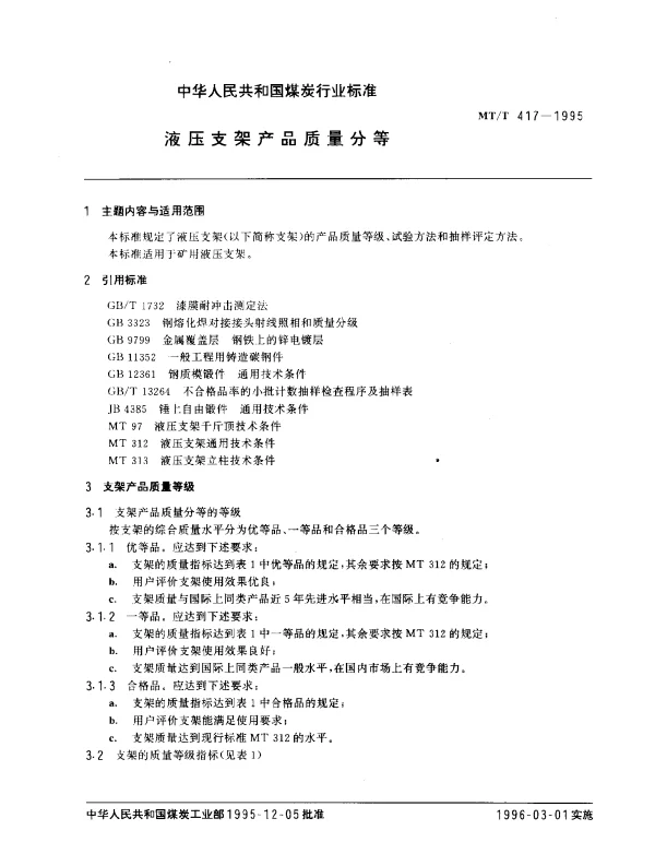MTT 417-1995 液压支架产品质量分等