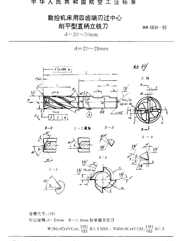 HB 6834-1993 数控机床用四齿端刃过中心削平型直柄立铣刀.d=20~50mm