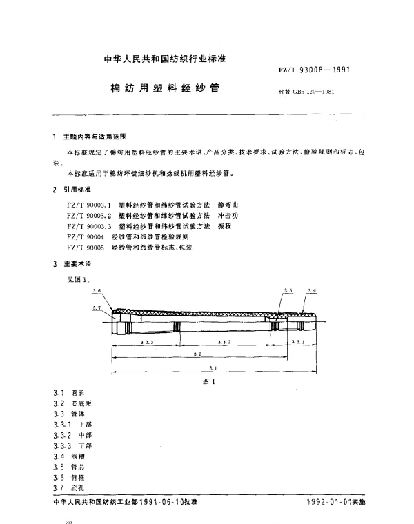 FZT 93008-1991 棉纺用塑料经纱管