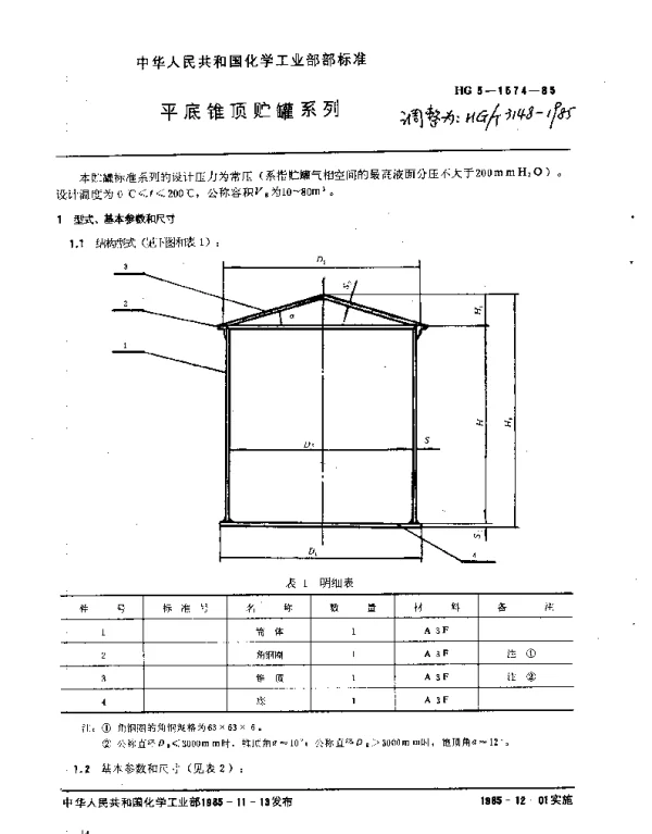 HGT 3148-1985 平底锥顶贮罐系列