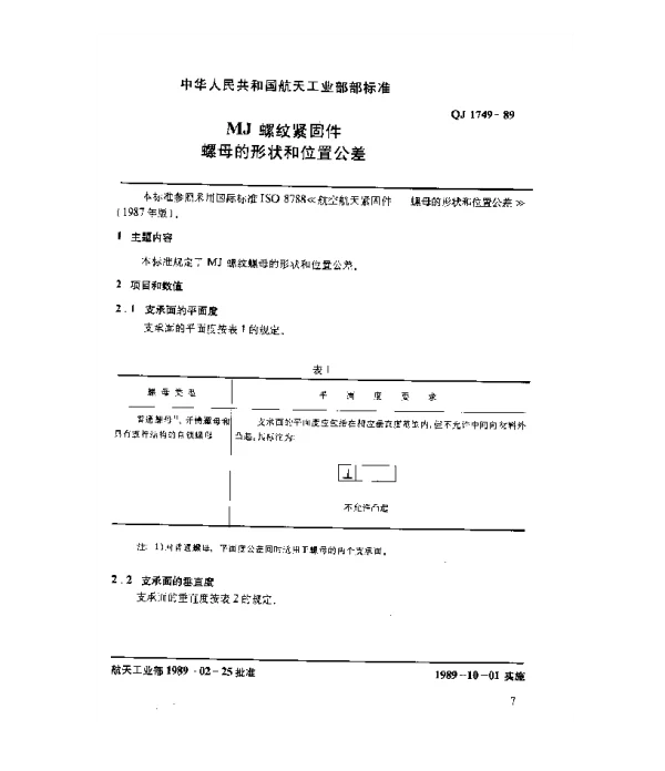 QJ 1749-1989 MJ螺纹紧固件 螺母的形状和位置公差