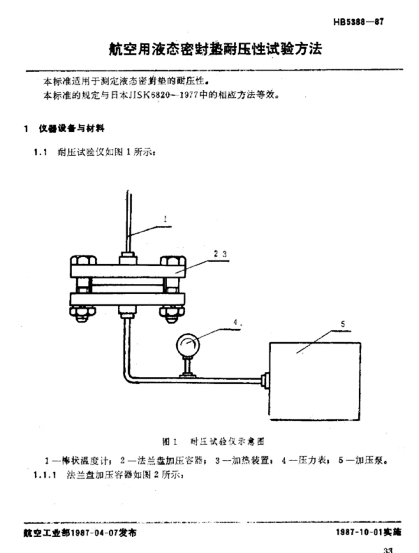 HB 5388-1987 航空用液态密封垫耐压性试验方法