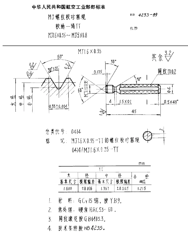 HB 4233-1989 MJ螺纹校对塞规 校通-通TT MJ1.6×0.35~MJ5×0.8
