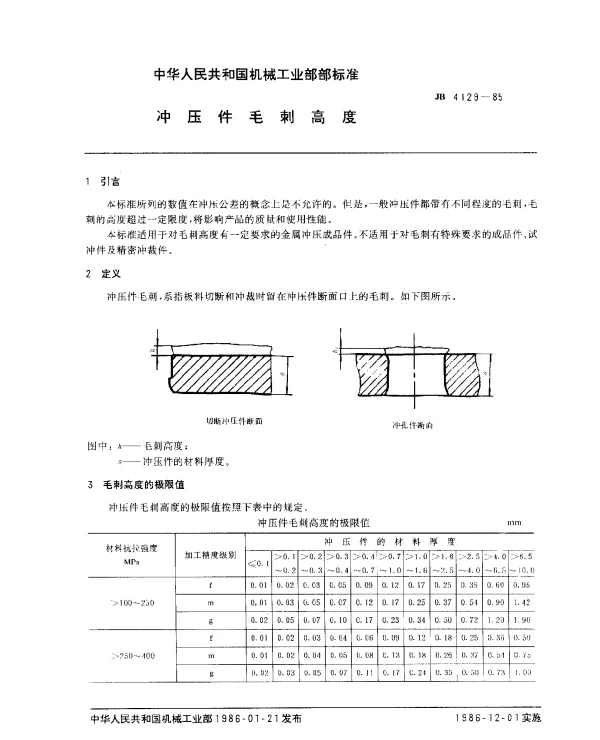JB 4129-1985 冲压件毛刺高度