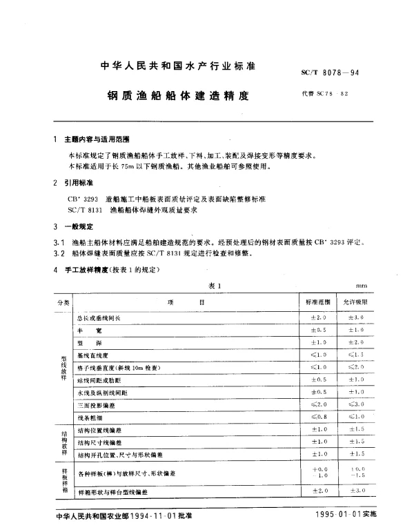 SCT 8078-1994 钢质渔船船体建造精度