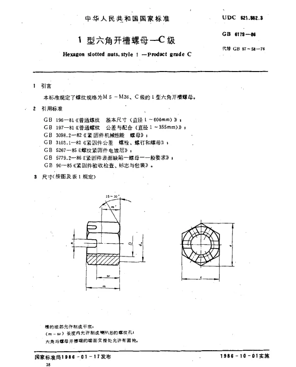 GB 6179-1986 1型六角开槽螺母-C级