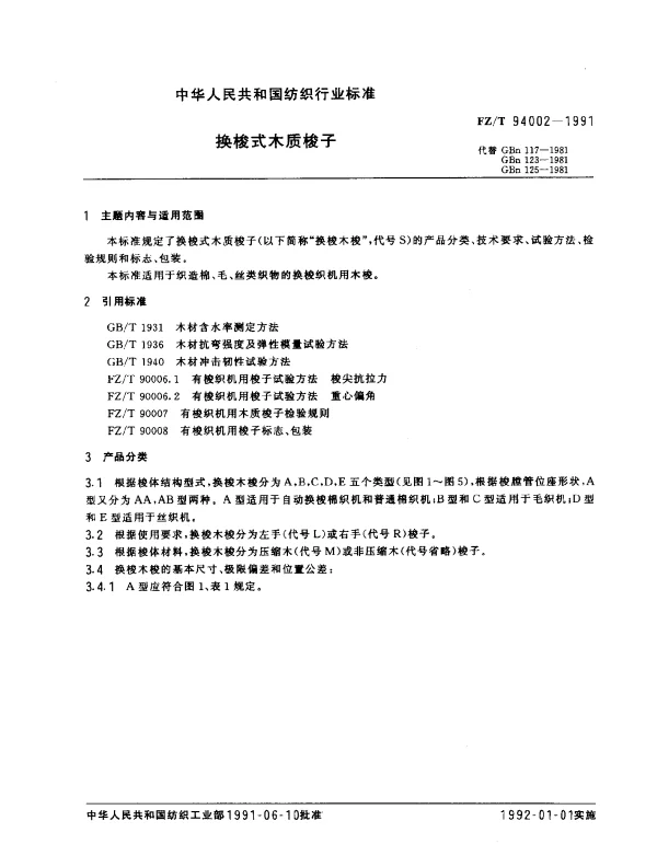 FZT 94002-1991 换梭式木质梭子