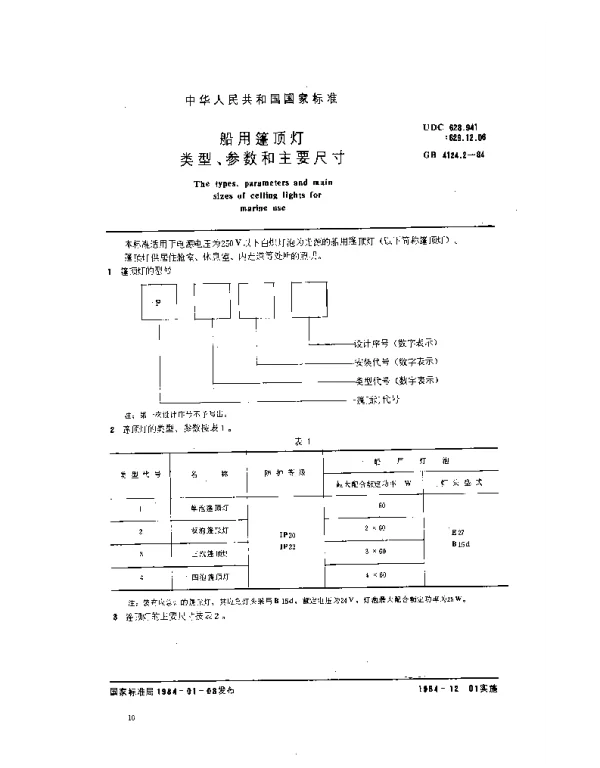 GB 4124.2-1984 船用篷顶灯类型、参数和主要尺寸