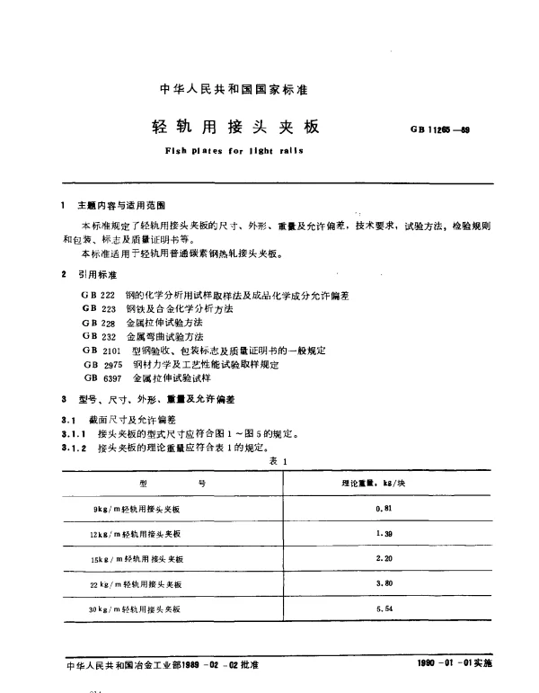 GB 11265-1989 轻轨用接头夹板