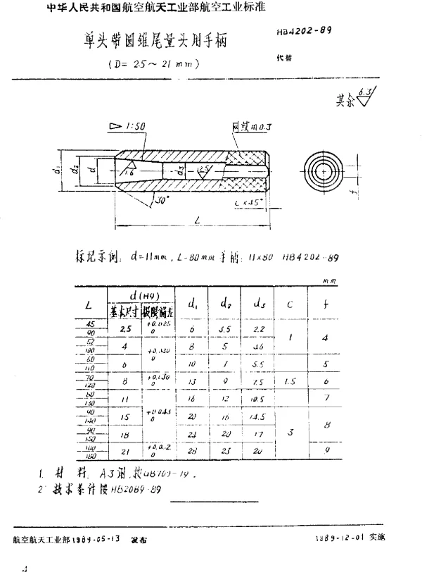 HB 4202-1989 单头带圆锥尾量头用手柄(D=2.5~21mm)