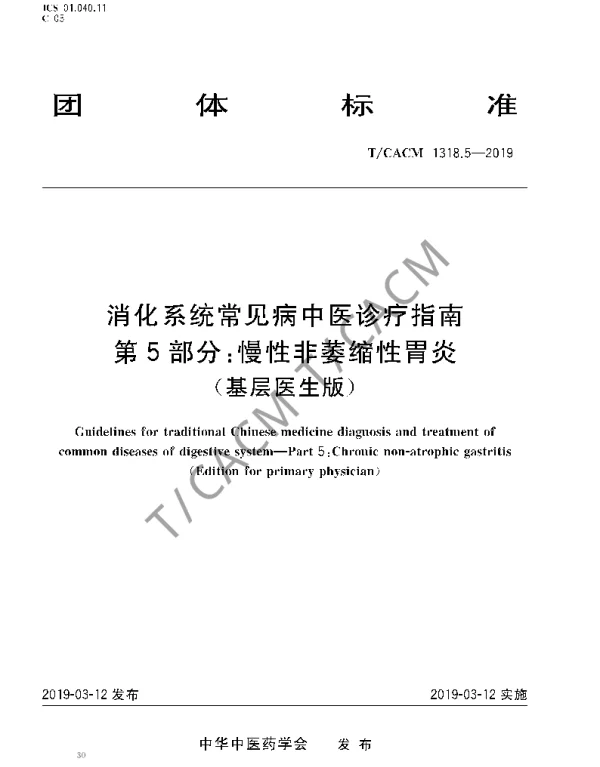 TCACM 1318.5-2019 消化系统常见病中医诊疗指南 第5部分：慢性非萎缩性胃炎（基层医生版）