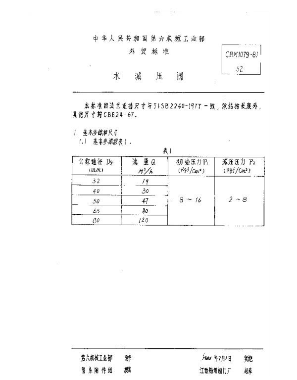 CBM 1079-1981 水减压阀