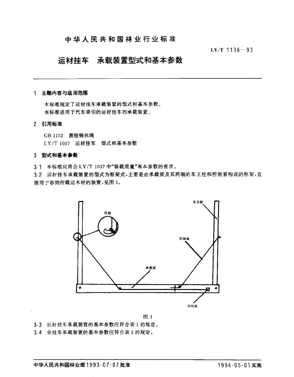 LYT 1138-1993 运材挂车.承载装置型式和基本参数