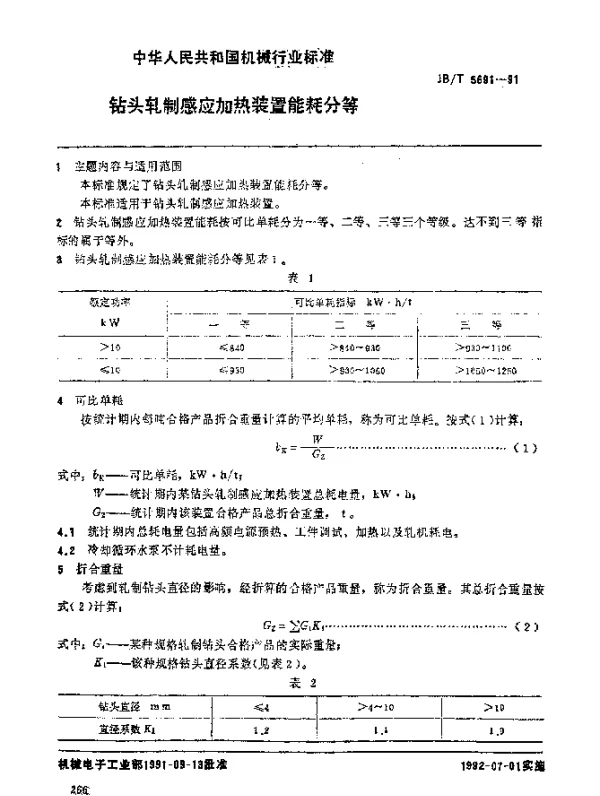 JBT 5691-1991 钻头轧制感应加热装置 能耗分等