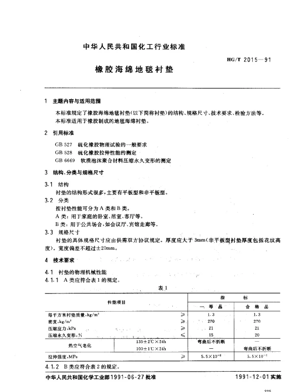 HGT 2015-1991 橡胶海绵地毯衬垫