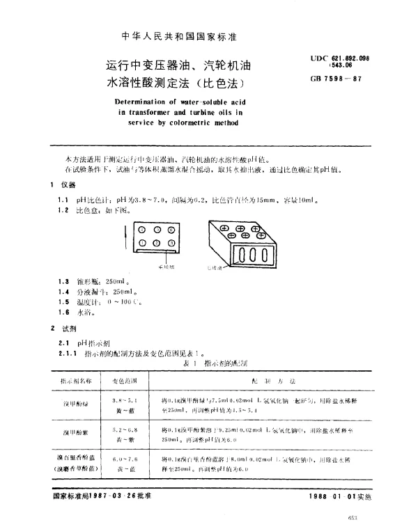 GB 7598-1987 运行中变压器油、汽轮机油水溶性酸测定法（比色法）
