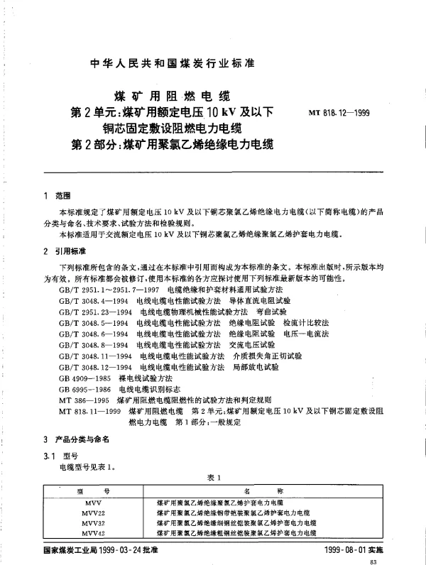 MT 818.12-1999煤矿用聚氯乙烯绝缘电力电缆