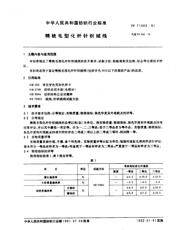 FZ 71003-1991 精梳毛型化纤针织绒线