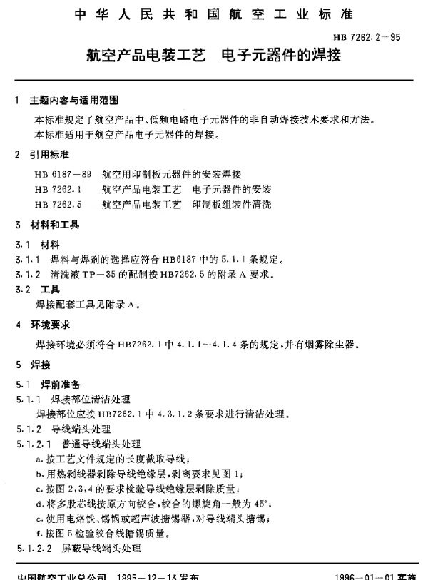 HB 7262.2-1995 航空产品电装工艺.电子元器件的焊接