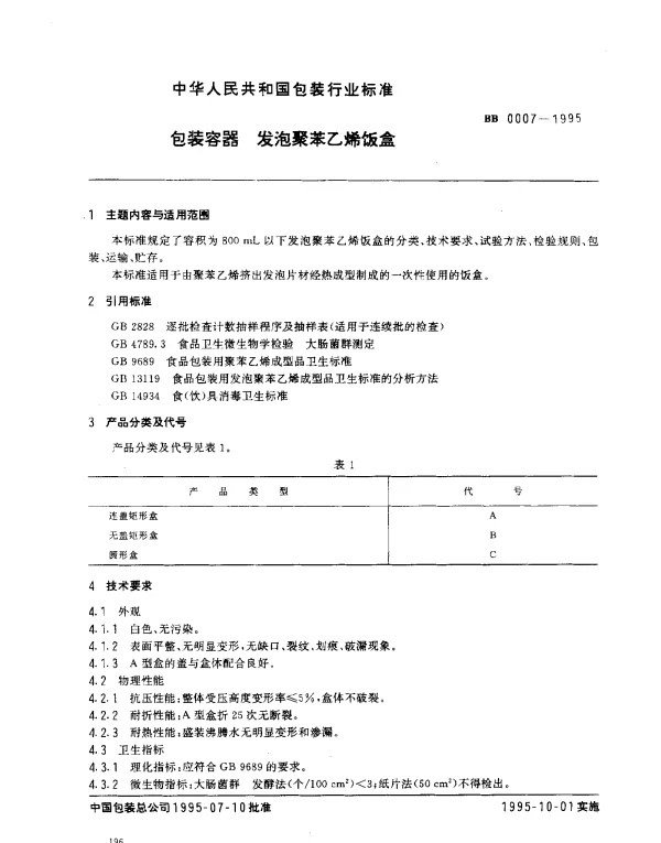 BB 0007-1995 包装容器 发泡聚苯乙烯饭盒