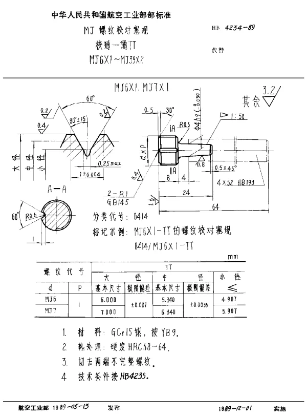 HB 4234-1989 MJ螺纹校对塞规 校通-通TT MJ6×1~MJ39×2