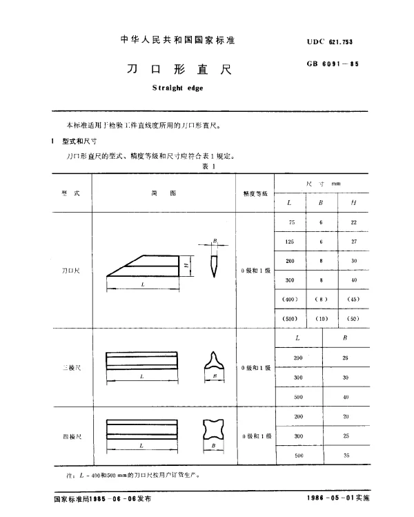 GB 6091-1985 刀口形直尺