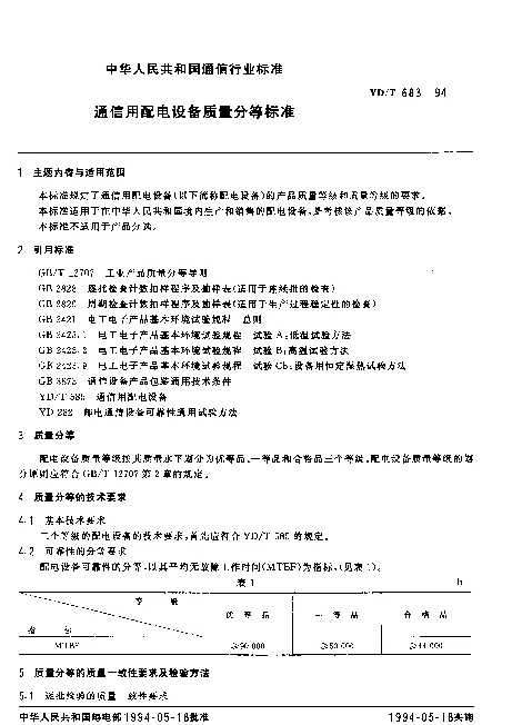 YDT 683-1994 通信用配电设备质量分等标准