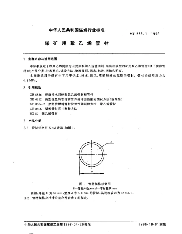 MT 558.1-1996 煤矿用聚乙烯管材