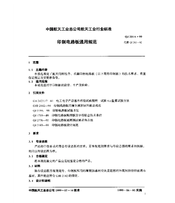 QJ 201A-1999 印制电路板通用规范