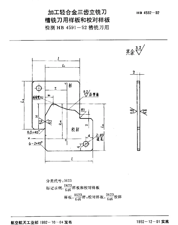 HB 4592-1992 加工轻合金三齿立铣刀槽铣刀用样板和校对样板.检测HB 4591-92槽铣刀用