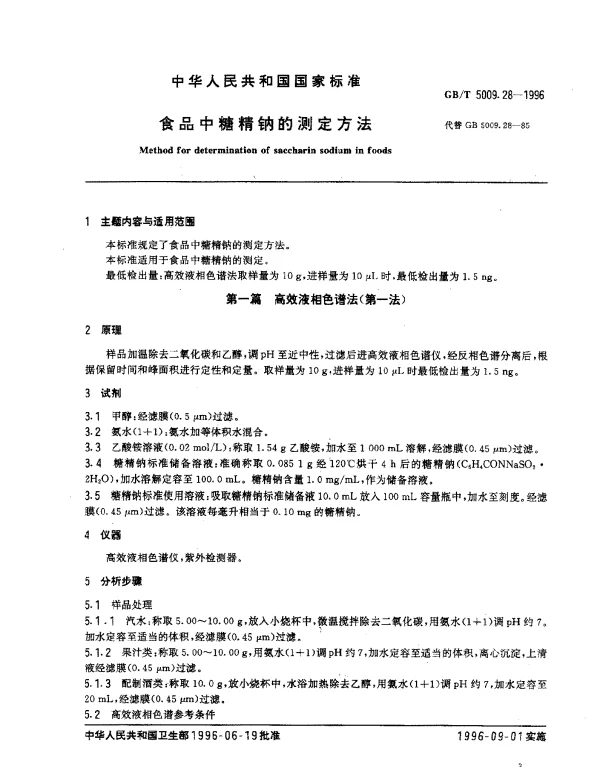 GBT 5009.28-1996 食品中糖精钠的测定方法