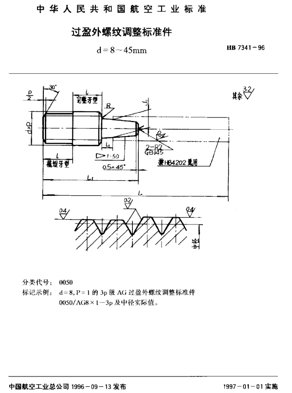 HB 7341-1996 过盈外螺纹调整标准件.d=8~45mm