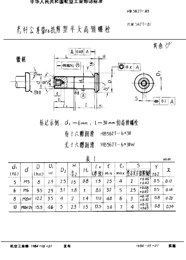 HB 5627-1983 光杆公差带r6抗剪型平头高锁螺栓