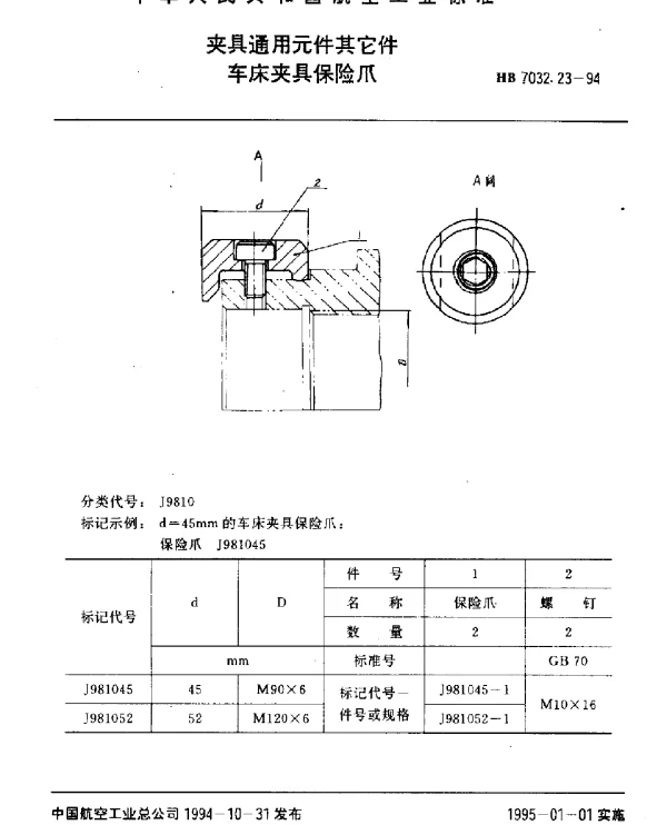 HB 7032.23-1994 夹具通用元件其它件.车床夹具保险爪